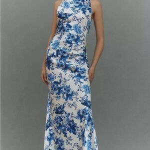 bhldn blue floral dress Wedtrend Women Blue Floral Maxi Dress with Ruffles Wedding Guest Dress V  Neck A Line Asymmetrical Bridesmaid Dress  WEDTREND